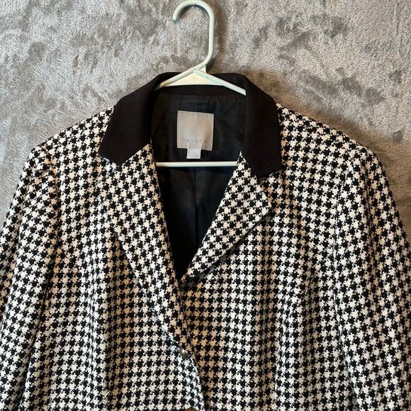 Tavora Houndstooth Patterns Button Up Collared Blazer Women's Size 16 Silk Black - Picture 2 of 6
